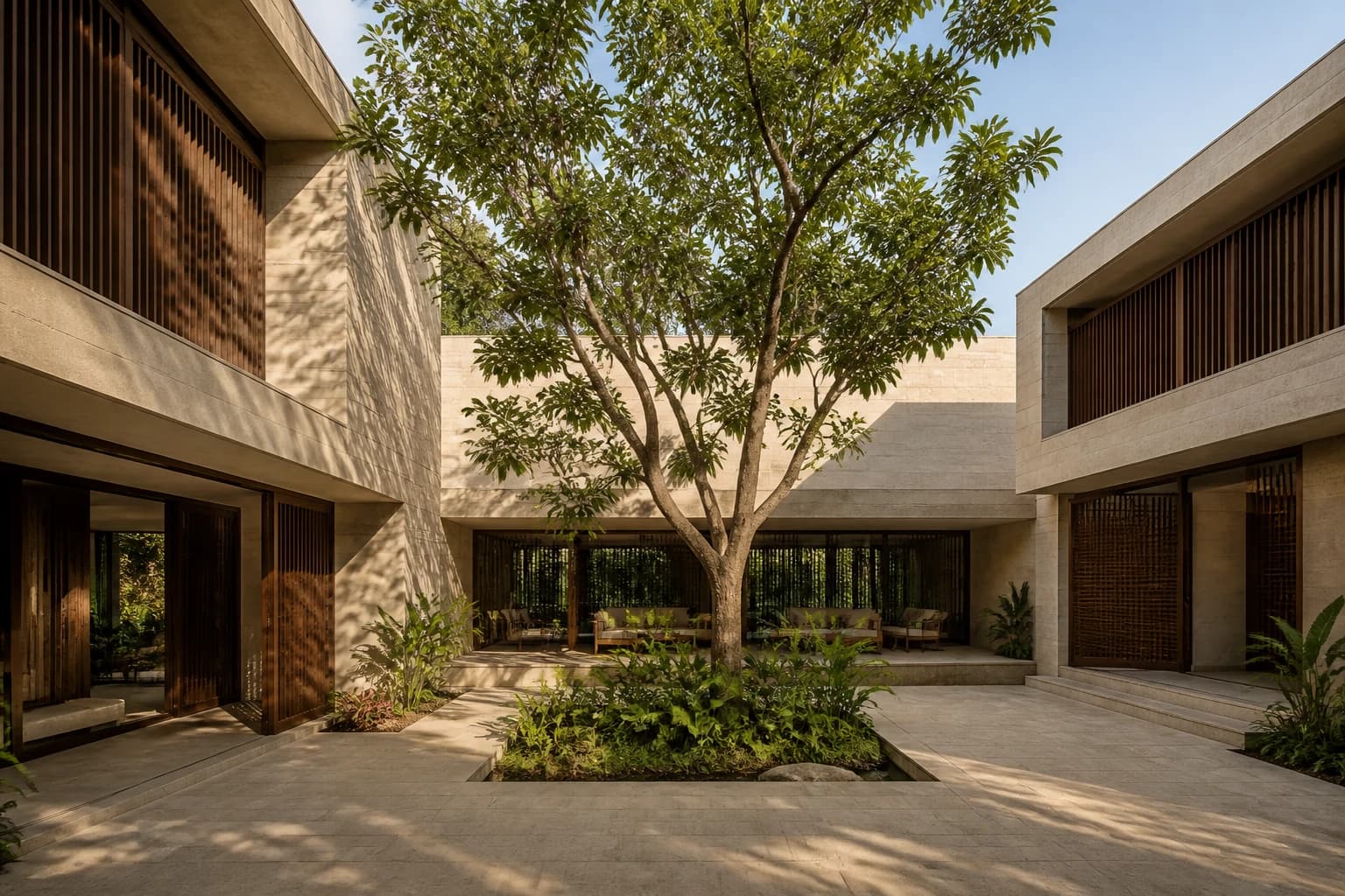 AI-generated contemporary courtyard residence concept with pale stone, deep openings, timber screens and tropical planting. Not a completed studio project.