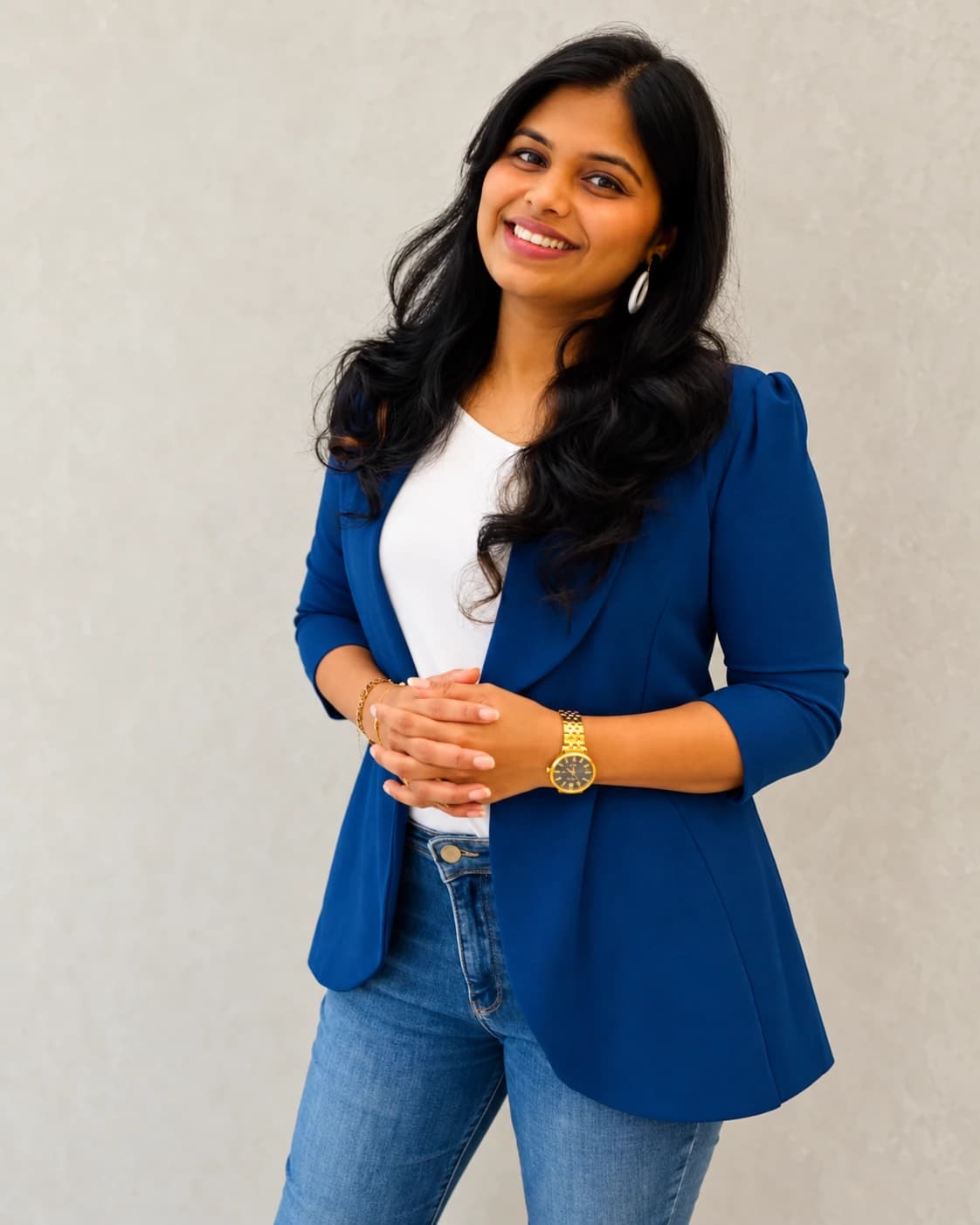 Ar. Sharvari Pawaskar, founder of Trayaksh Architeqts, in a blue blazer; professionally edited from her supplied photograph.